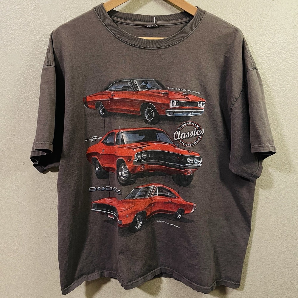 Vintage‎ Doge Muscle Car T-Shirt  Cotton Gray Red  Men's Size L / XL READ